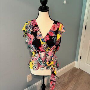 Navy and multi colored floral blouse